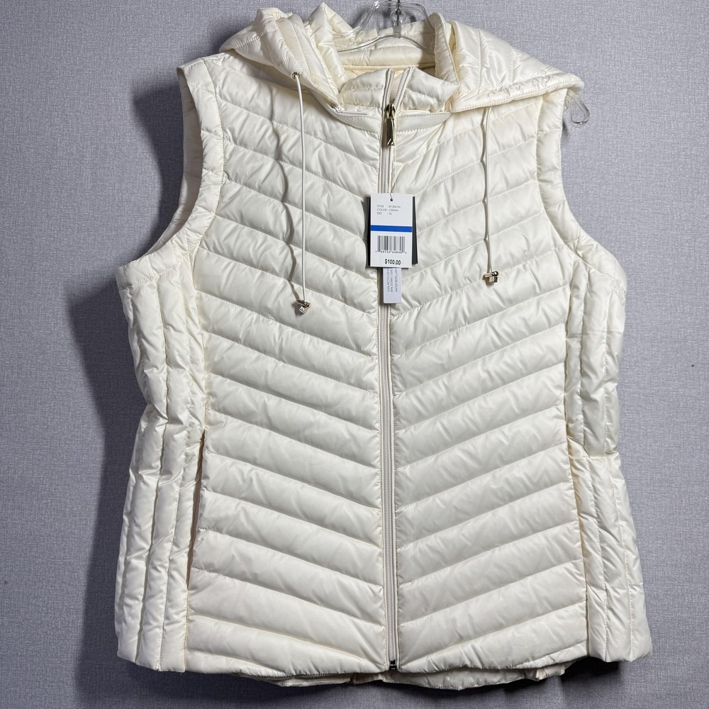 Gallery Vest Womens XL White Quilted Down Puffer Hooded Zip Packable Lightweight